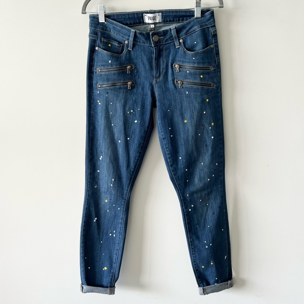 Paige Jeans Edgemont Paint Splatter Denim Skinny Zippers Ryden G